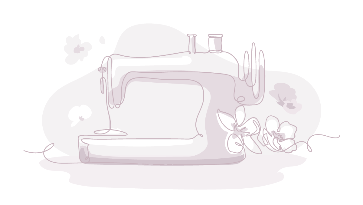 Outline of a sewing machine with floral elements on a light pink background