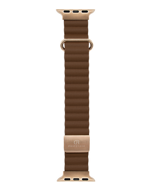 Brown leather watch strap with gold buckle an a Dustyrosa logo on a white background