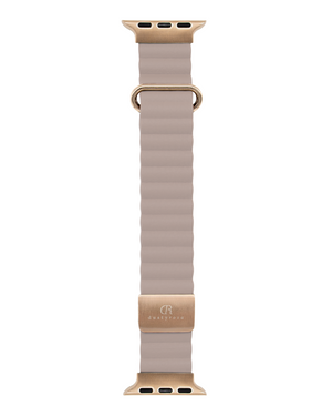 Beige / Grey watch strap with gold buckle and a Dustyrosa Logo on a white background