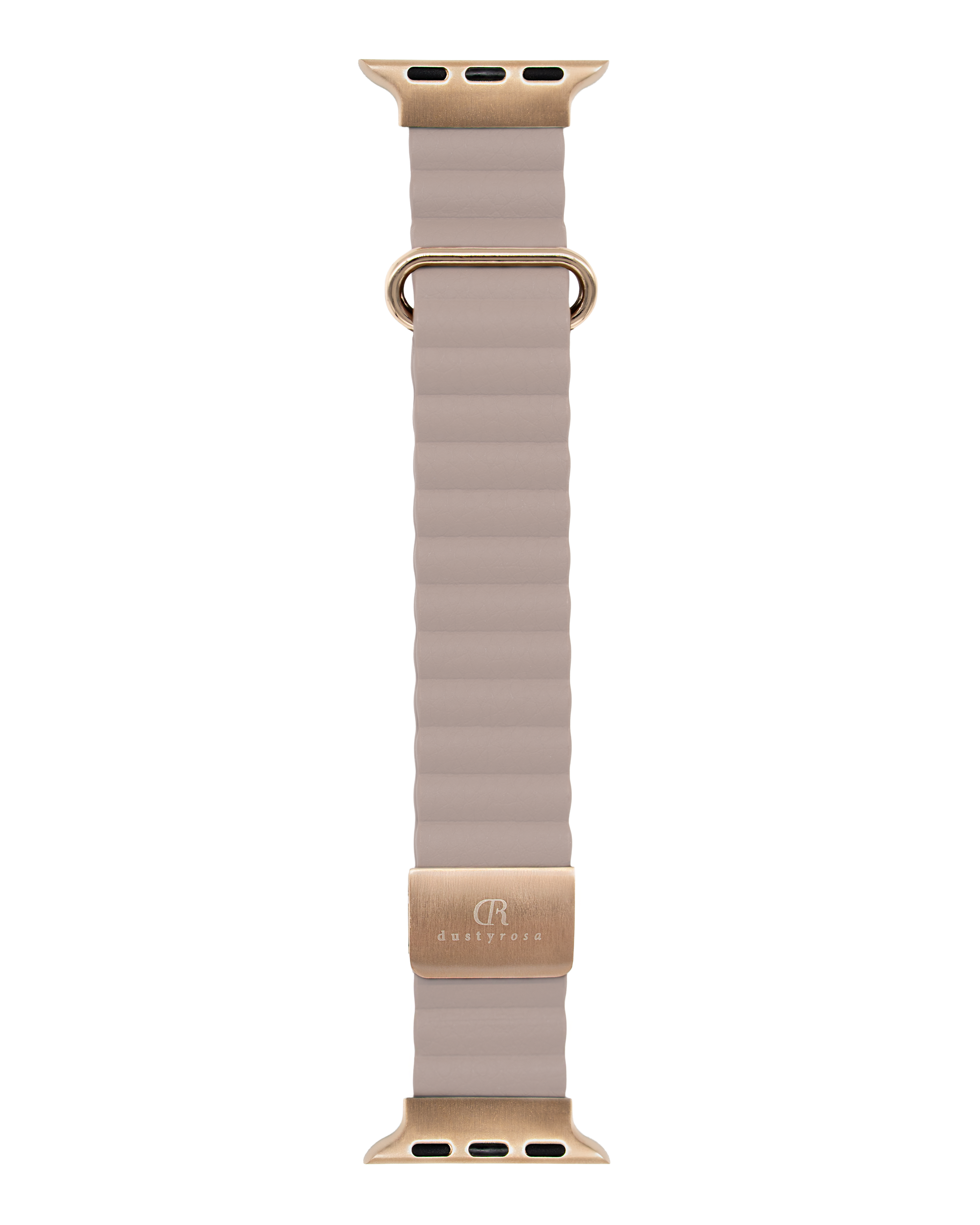 Beige / Grey watch strap with gold buckle and a Dustyrosa Logo on a white background