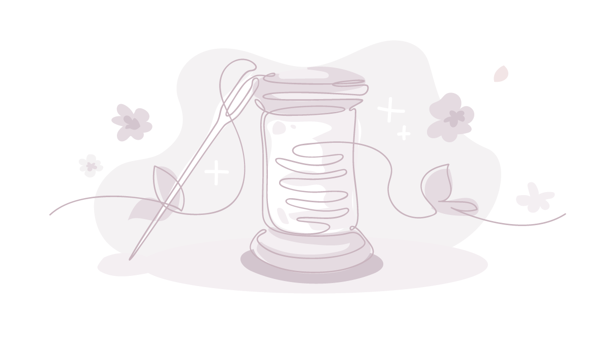 Thread spool with needle on a light purple background - Dustyrosa