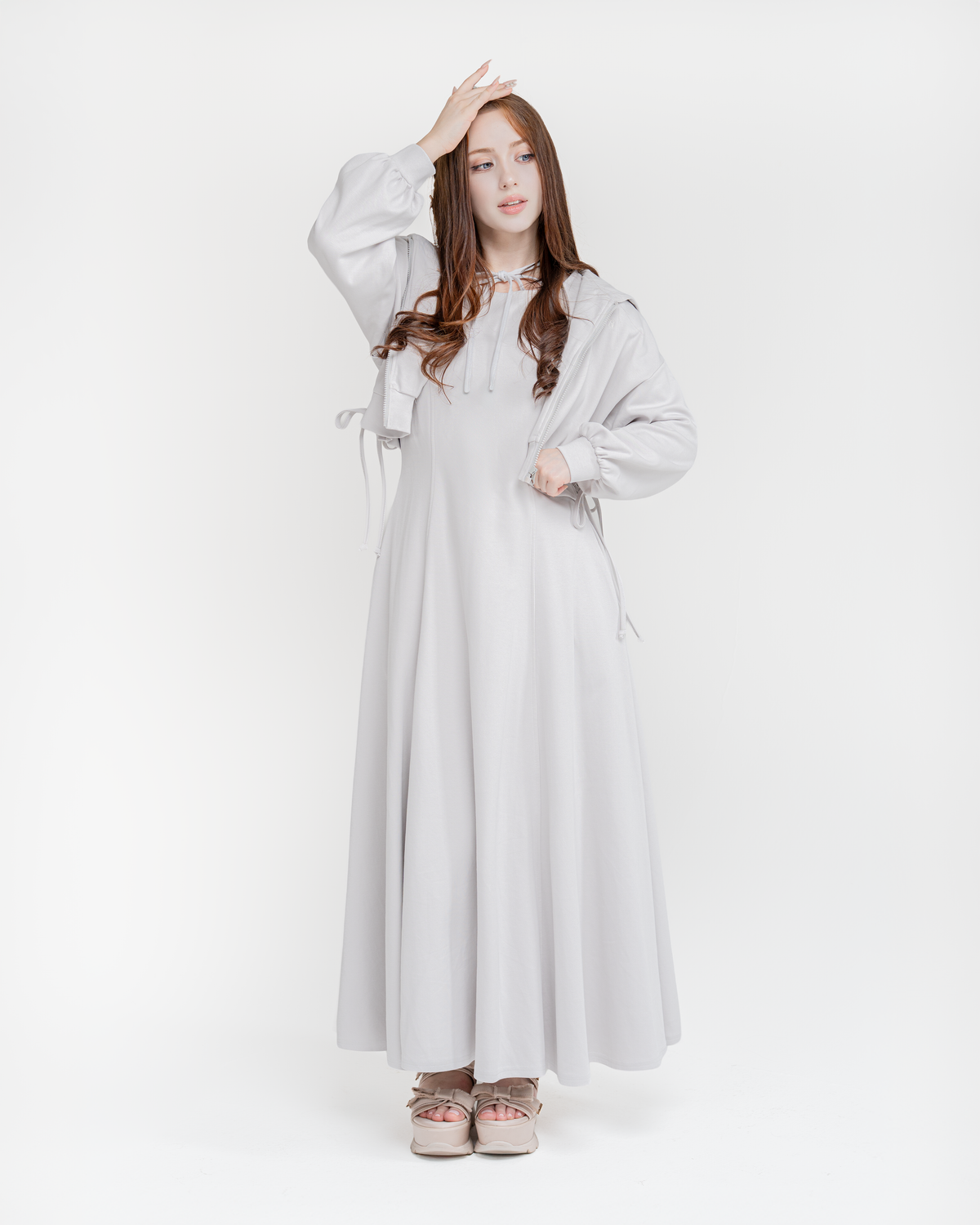 Aurora set in lavender grey: side-tie hoodie over a long tie-neck dress, front view