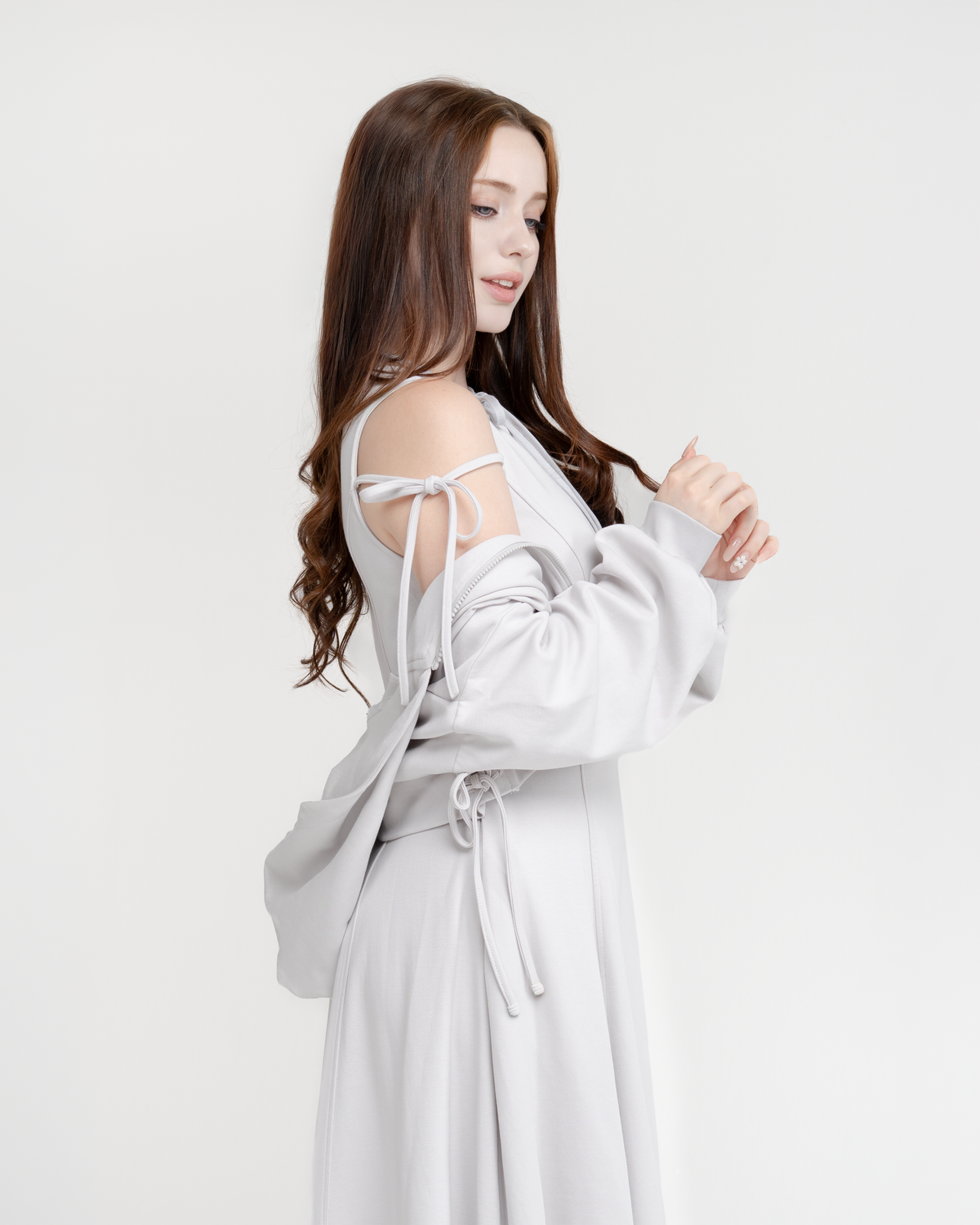 Aurora side-tie hoodie in lavender grey, side view with open shoulder ties