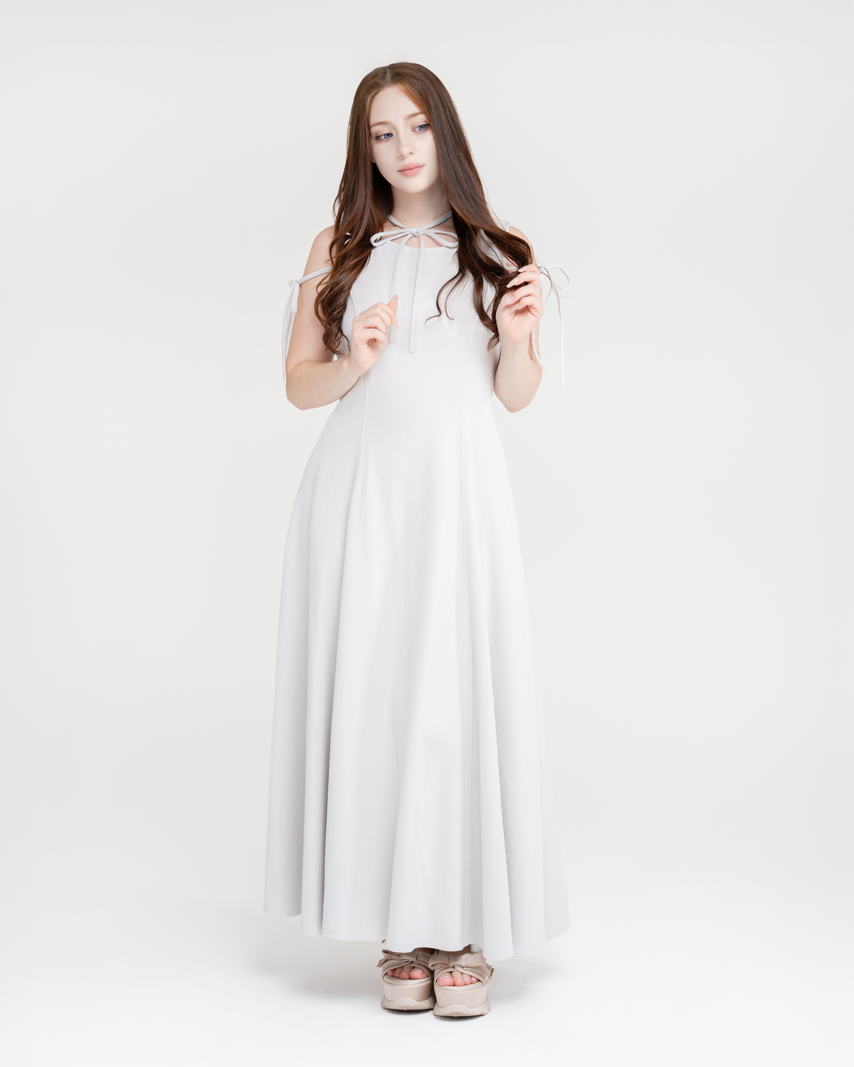 Aurora tie-neck dress in lavender grey, sleeveless A-line maxi dress, front view