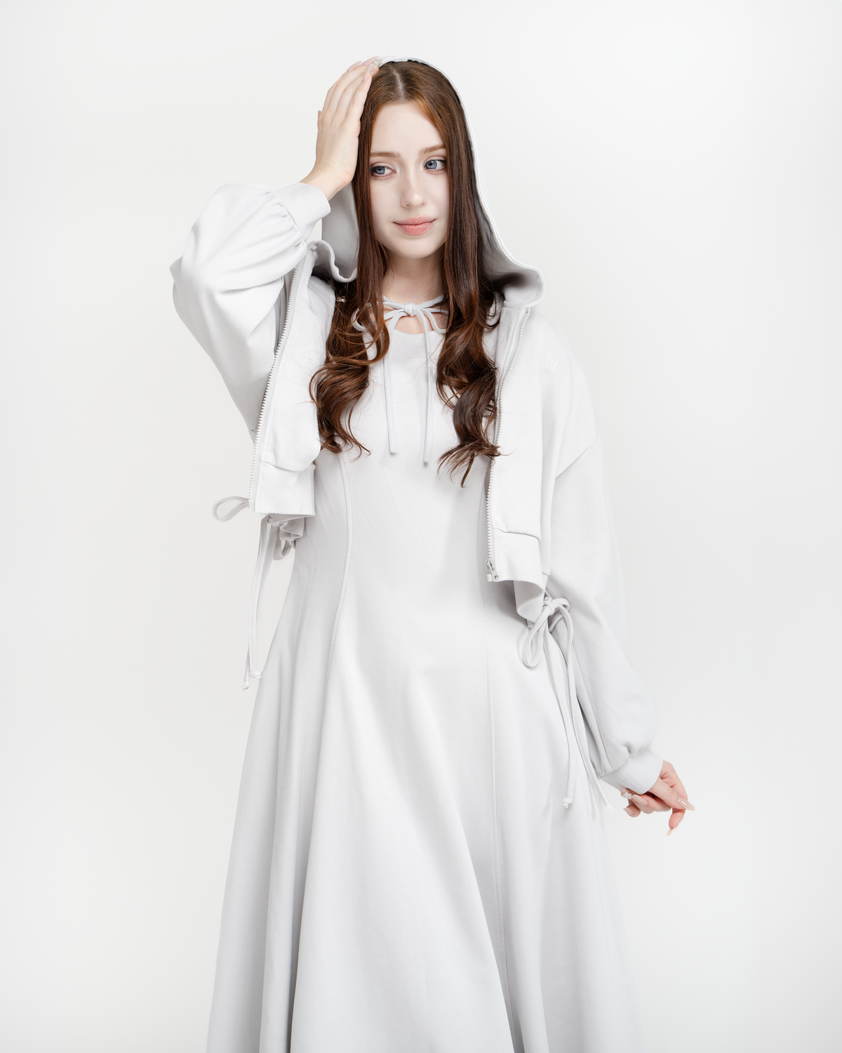 Aurora set in lavender grey: cropped side-tie hoodie with maxi dress