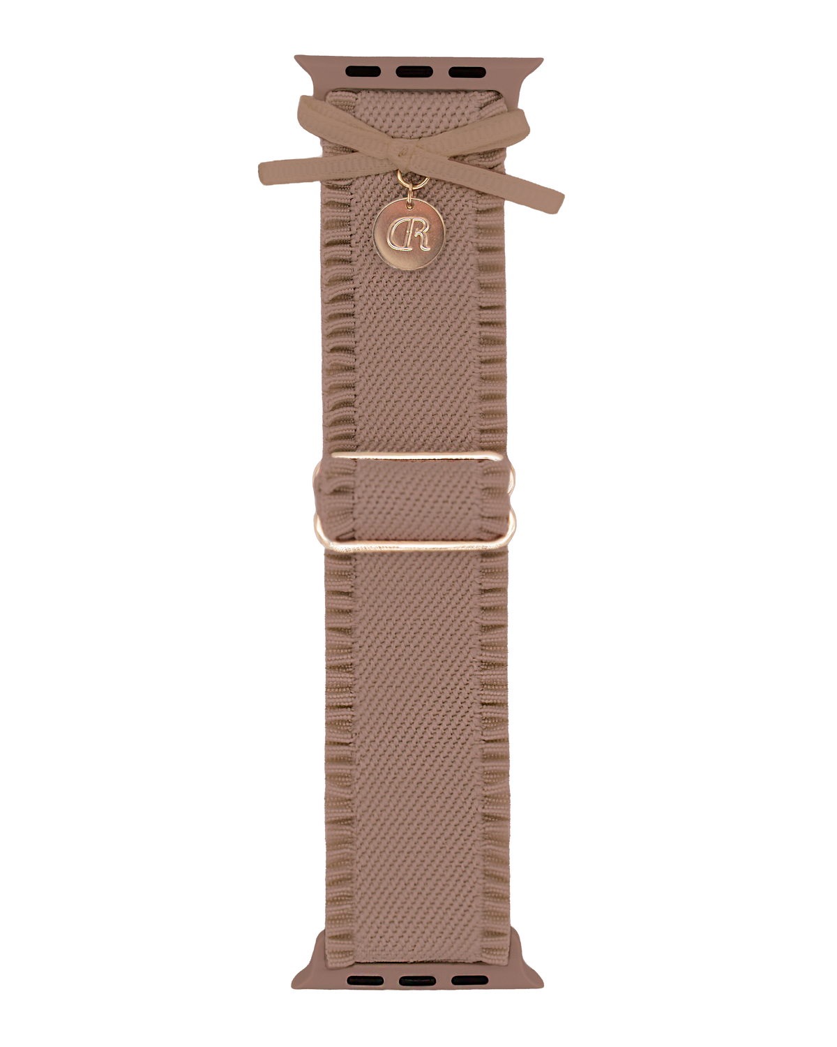 Frillora ruffled Apple Watch band in bean paste with bow and gold charm