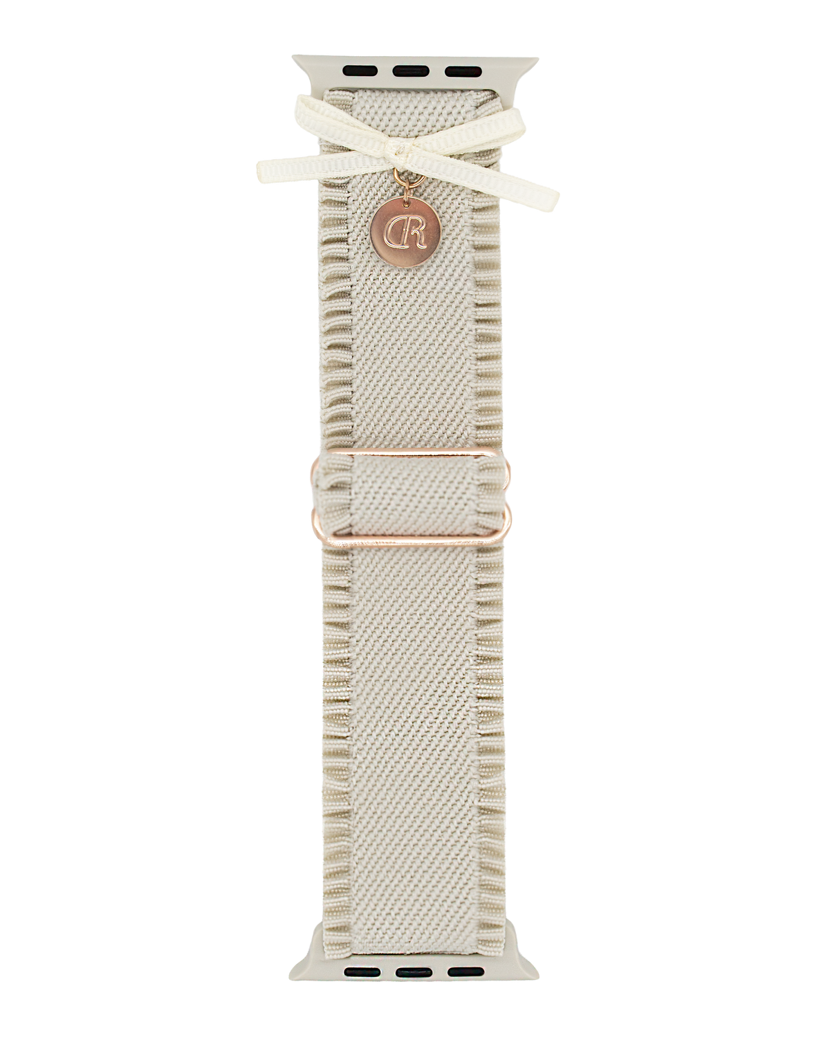 Frillora ruffled Apple Watch band in ivory with bow and gold charm