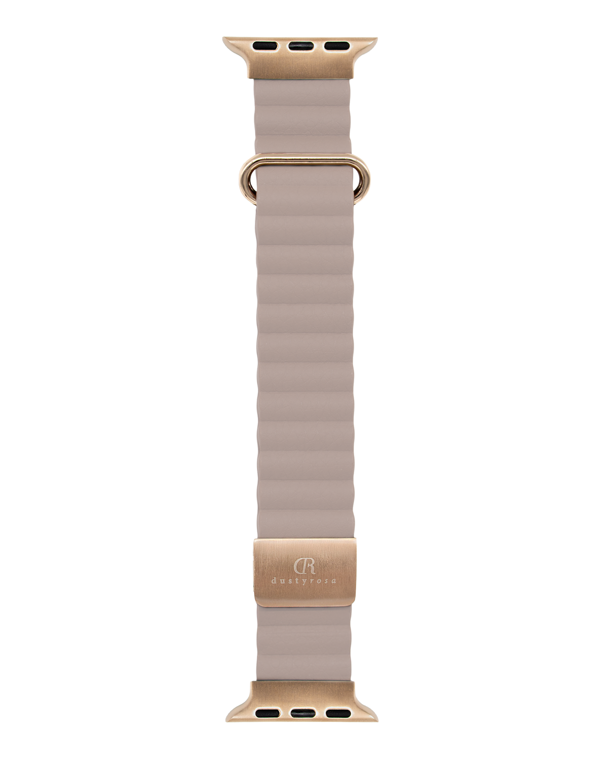 Leathery magnetic Apple Watch band in greige with gold buckle and Dustyrosa logo