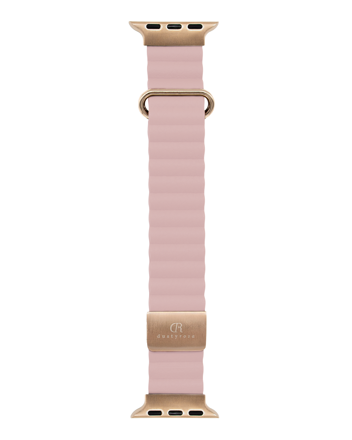 Leathery magnetic Apple Watch band in pastel pink with gold buckle