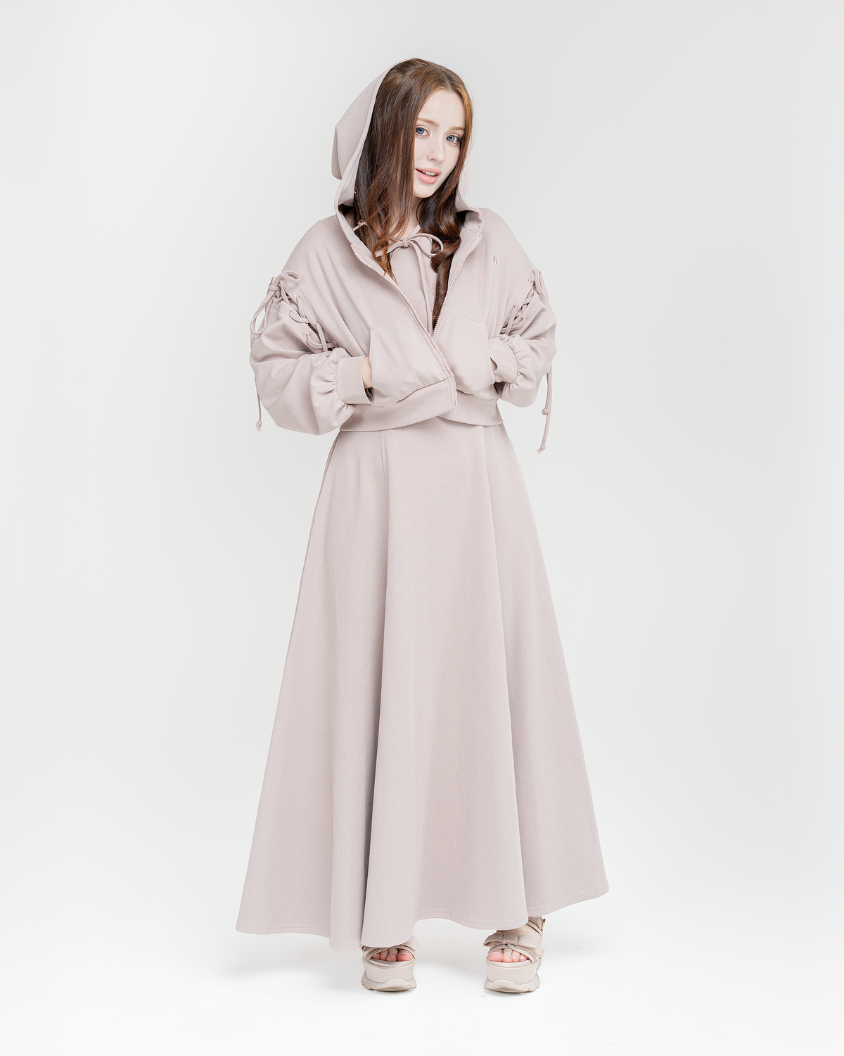 Luna set in dusty rose: tie-shoulder hoodie with bows over a long dress, front view