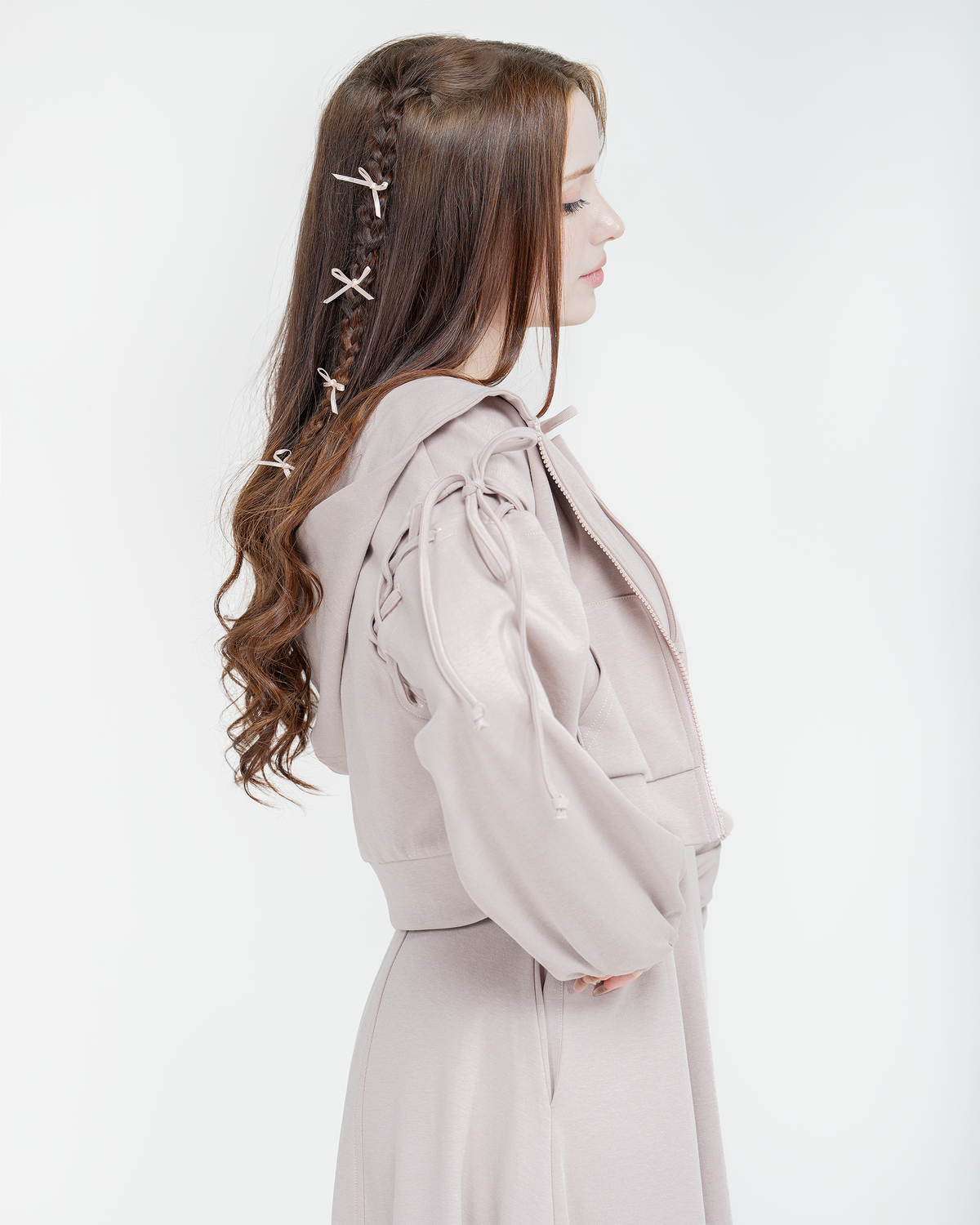 Luna tie-shoulder hoodie in dusty rose with bow details, side view