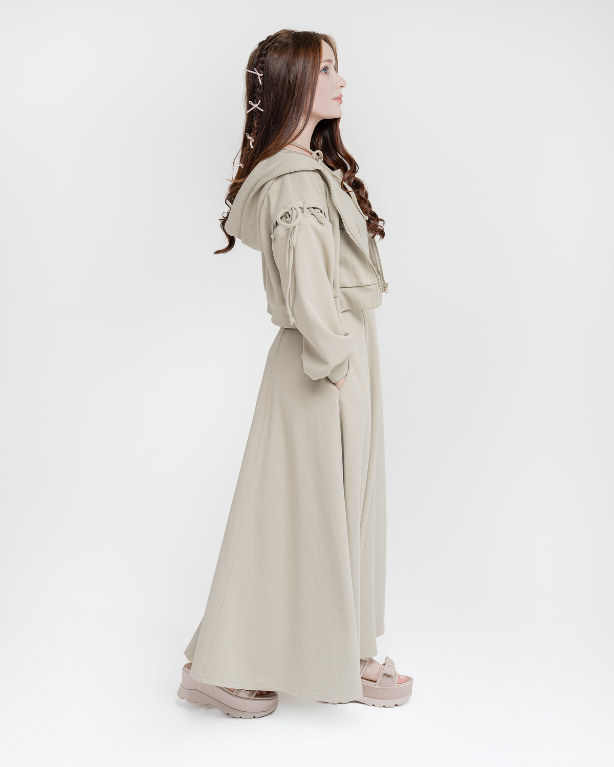 Luna set in pistachio: tie-shoulder hoodie with long dress, side view