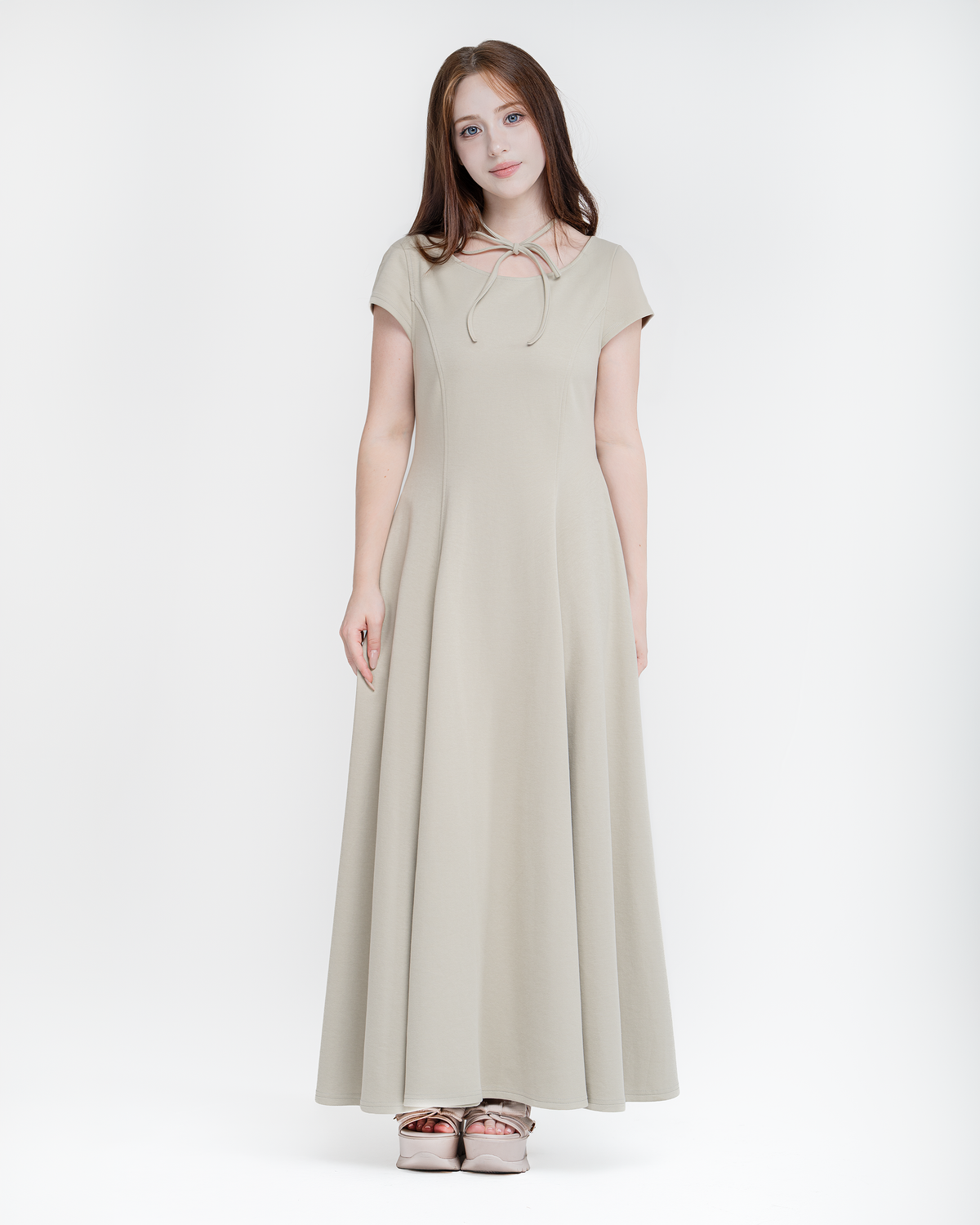 Luna tie-neck dress in pistachio, short-sleeved A-line maxi dress, front view