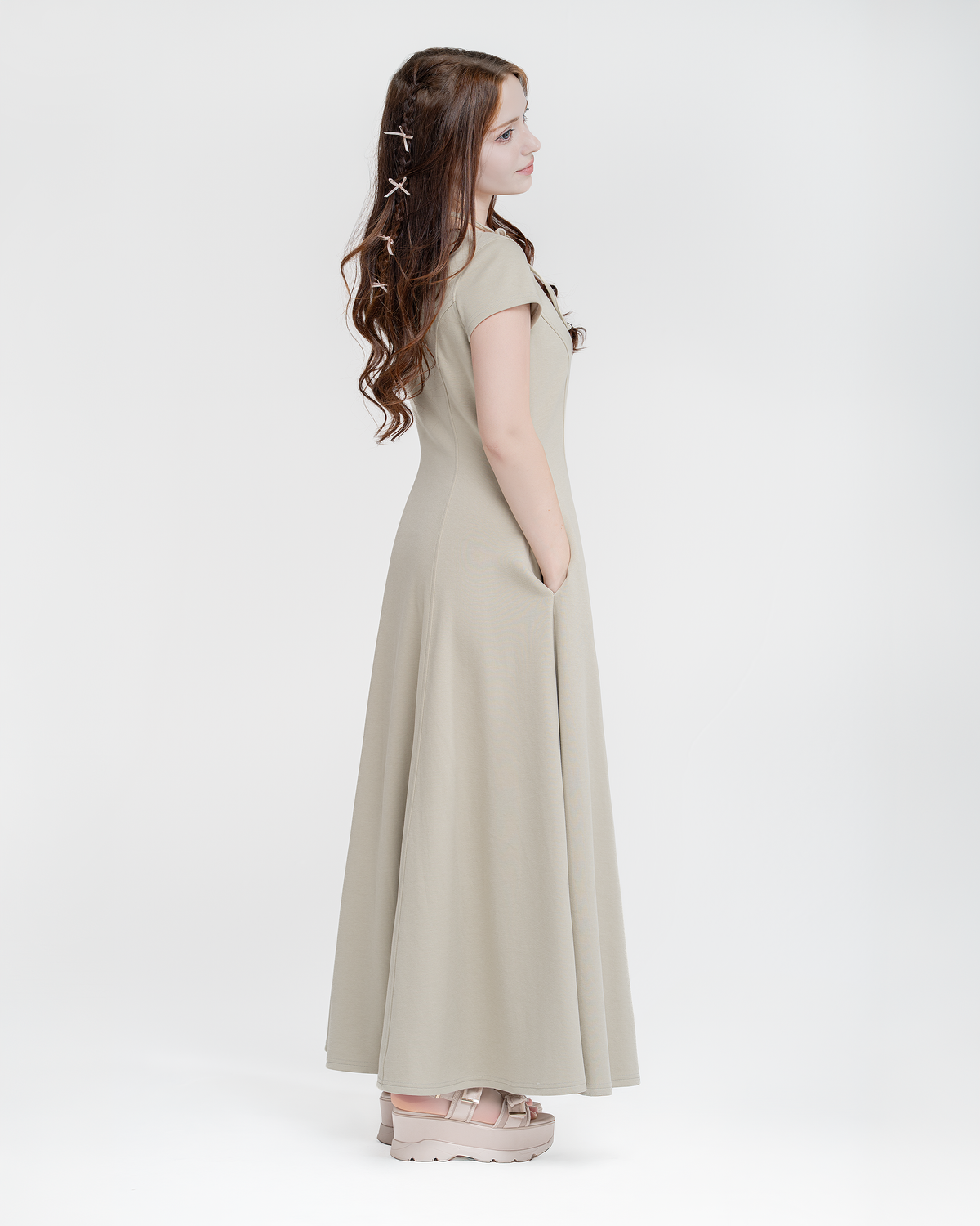 Luna tie-neck dress in pistachio, back and side view
