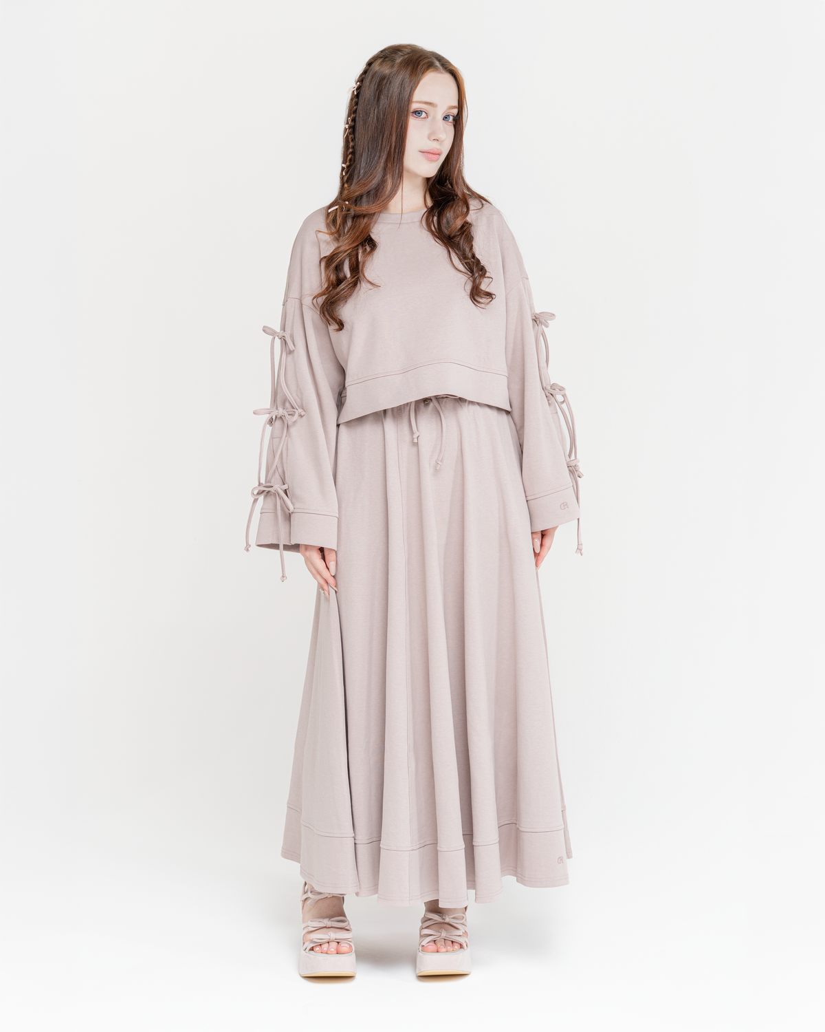Reverie set in dusty rose: bow-sleeve sweater with maxi skirt, front view