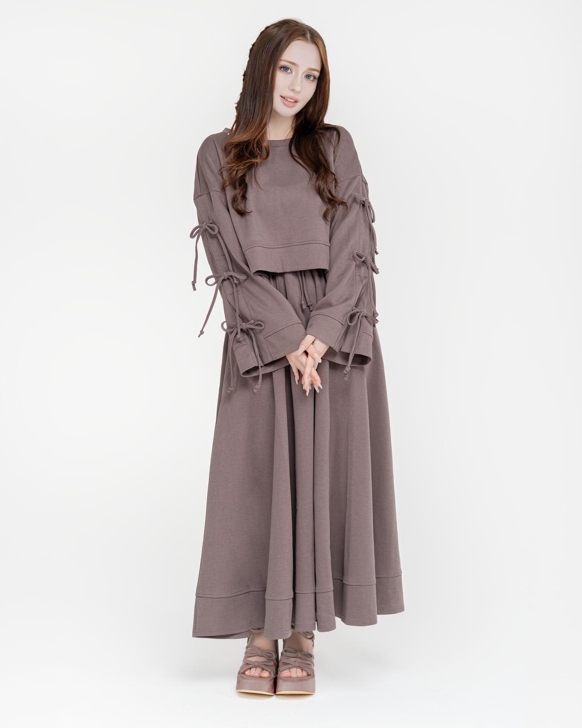 Reverie set in taupe: bow-sleeve sweater with maxi skirt, front view